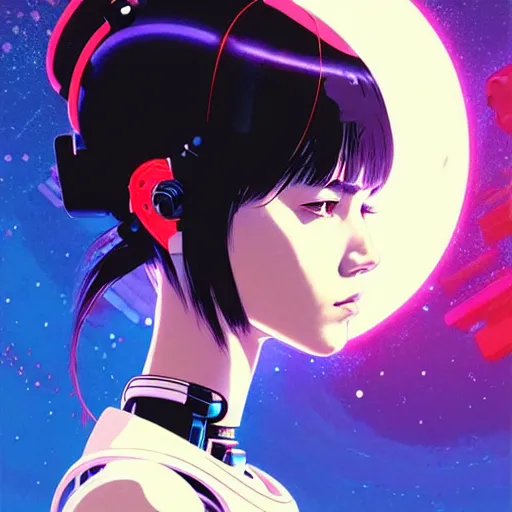 Image similar to side portrait scifi cyborg girl with robotic parts and spacesuit | | head only in center of image, audrey plaza, fine detail!! anime!! realistic shaded lighting!! poster by ilya kuvshinov katsuhiro otomo ghost - in - the - shell, magali villeneuve, artgerm, jeremy lipkin and michael garmash and rob rey