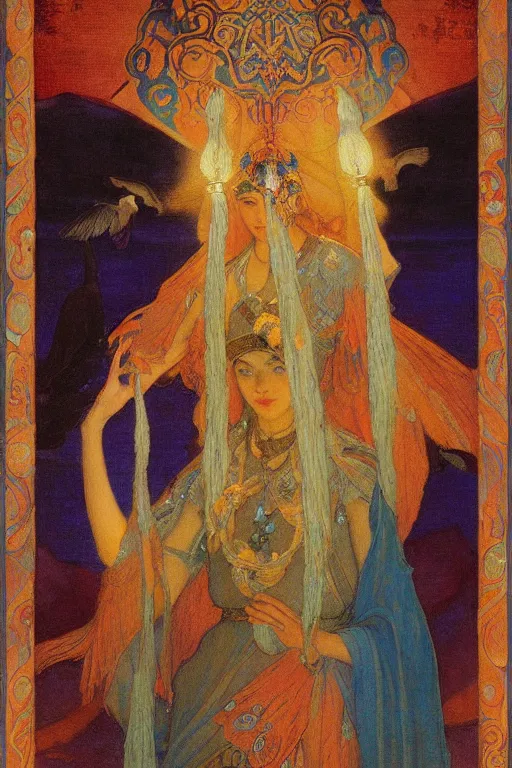 Image similar to queen of the dawn with her lantern and birds, by Nicholas Roerich and Gaston Bussière and jean delville and Annie Swynnerton, elaborate headdress and embroidered velvet, iridescent beetles, rich color, dramatic cinematic lighting, extremely detailed