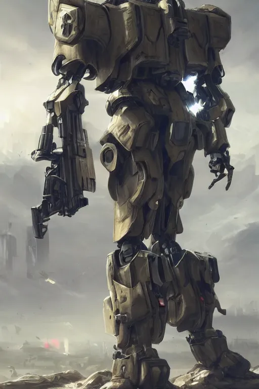 Image similar to a full body shot of a mech soldier holstering his rifle, full view, Artstation, Artstation Trending, Pinterest, cinematic, concept art, 8k, cgsociety, hyper detailed, ultra realistic, illustration, epic, high resolution, post processing, high quality, unreal engine, digital art, very coherent, octane render, atmospheric, dramatic, art by Yi Yang artstation + StTheo + Alan Van Ryzin,