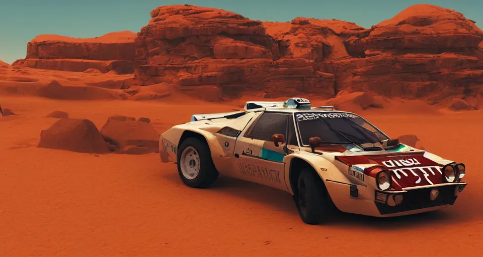 Prompt: Lancia Stratos Rally car racing in a desert, landscape, center composition, cinematic, rendered by simon stålenhag, rendered by Beeple, Makoto Shinkai, syd meade, environment concept, digital art, unreal engine, 3 point perspective, WLOP, trending on artstation, low level, 4K UHD image, octane render,