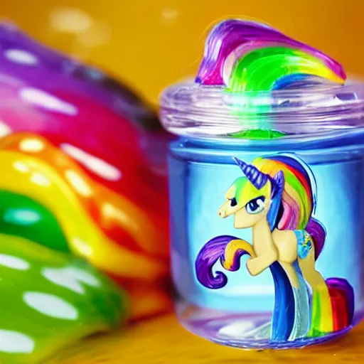 Image similar to a my little pony figure in a jar covered in a mysterious sticky yellowish fluid