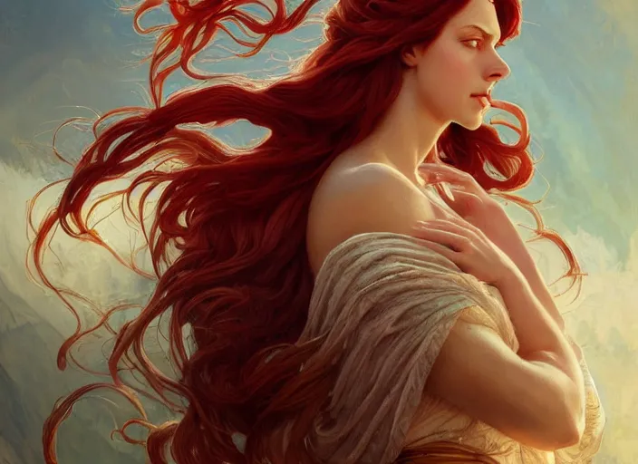 Image similar to A gorgeous Greek Goddess with long flowing red hair, fantasy, intricate, elegant, highly detailed, D&D, digital painting, artstation, concept art, matte painting, sharp focus, illustration, in the style of Greg Rutkowski and Alphonse Mucha and artemisia gentileschi