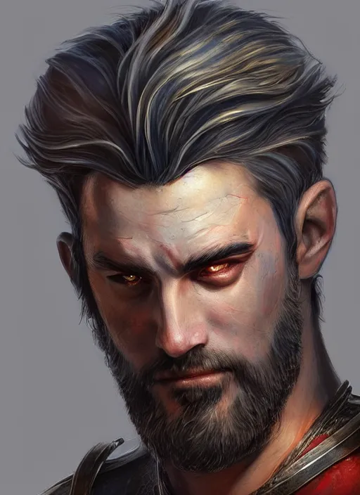 Prompt: number 2 haircut and stubble adc, dndbeyond, bright, colourful, realistic, dnd character portrait, full body, pathfinder, pinterest, art by ralph horsley, dnd, rpg, lotr game design fanart by concept art, behance hd, artstation, deviantart, global illumination radiating a glowing aura global illumination ray tracing hdr render in unreal engine 5