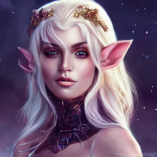 Image similar to beautiful Elf, blonde hair, dark fantasy, feminine figure, gorgeous, pretty face, beautiful body, revealing outfit, high detail, realistic, cgsociety, artgerm, trending on artstation