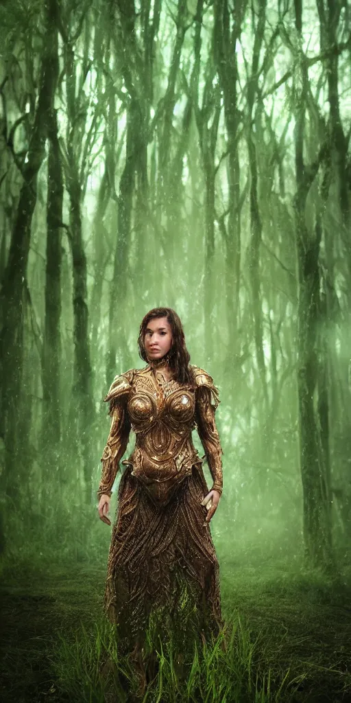 Image similar to full shot of a regal brown woman wearing an intricate and detailed armor made of dew drops. woman is standing in a lush green forest. multiple layers. reflections. morning dew. textures. delicate. translucent. extremely coherent. studio portrait. photorealistic. octane render