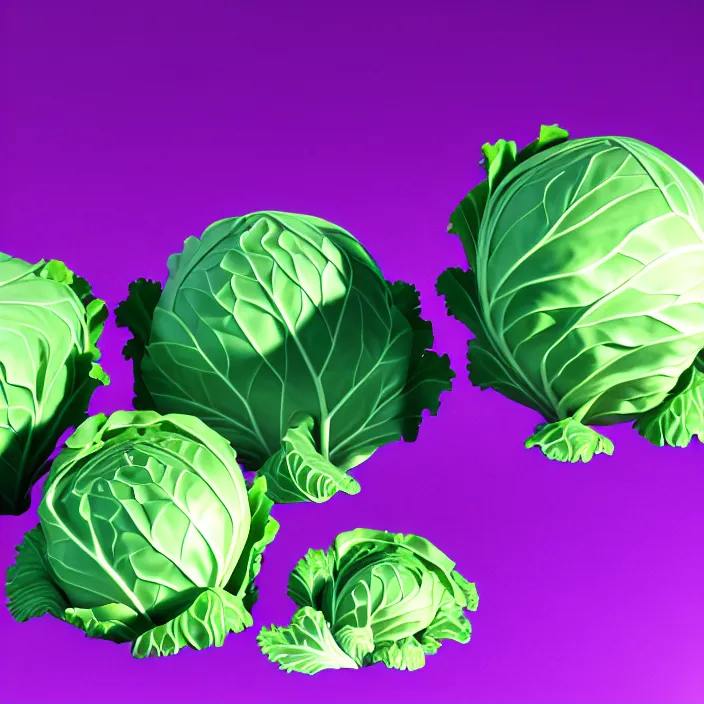 Image similar to high quality 3 d render very cute cabbage! highly detailed, unreal engine cinematic smooth, moody purple light, low angle, uhd 8 k, sharp focus