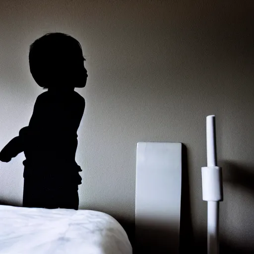 Image similar to silhouette of person at the edge of bed, children's room, eerie