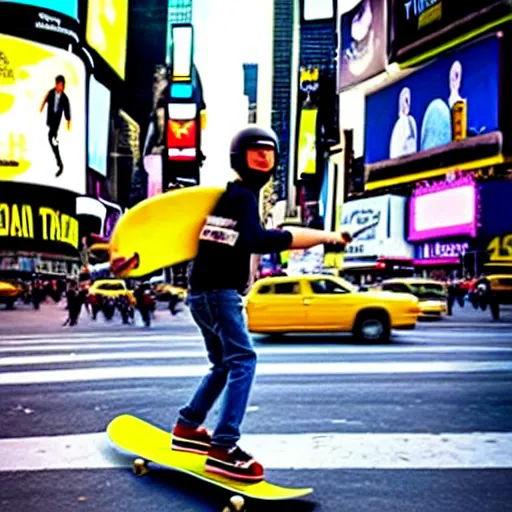 Image similar to a cool lemon riding a skateboard in times square new york