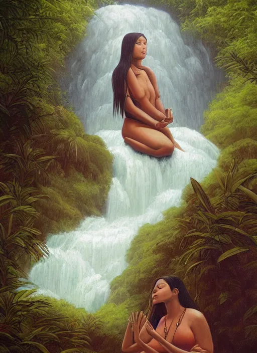 Image similar to a realistic painting of an indigenous woman meditating near a river in the amazon jungle, highly detailed, trending on devian art, art by christophe vacher