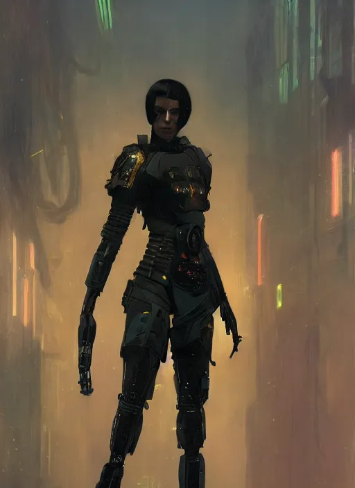 Prompt: Queen Liliuokalani Cyberpunk assassin in tactical gear. blade runner 2049 concept painting. Epic painting by Craig Mullins and Alphonso Mucha. ArtstationHQ. painting with Vivid color. (rb6s, Cyberpunk 2077, matrix)