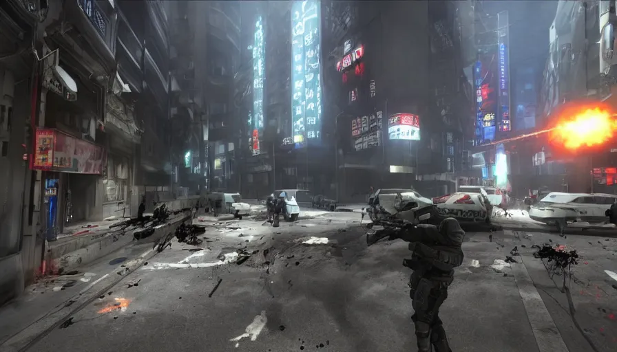 Image similar to 2020 Video Game Screenshot, Anime Neo-tokyo Cyborg bank robbers vs police, Set inside of the Bank, Open Vault, Multiplayer set-piece Ambush, Tactical Squads :9, Police officers under heavy fire, Police Calling for back up, Bullet Holes and Realistic Blood Splatter, :6 Gas Grenades, Riot Shields, Large Caliber Sniper Fire, Chaos, Metal Gear Solid Anime Cyberpunk, Akira Anime Cyberpunk, Anime Bullet VFX, Anime Machine Gun Fire, Violent Action, Sakuga Gunplay, Shootout, :7 Inspired by Escape From Tarkov :6, Intruder + Akira :12 by Katsuhiro Otomo: 19, 🕹️ 😎 🔫 🤖 🚬