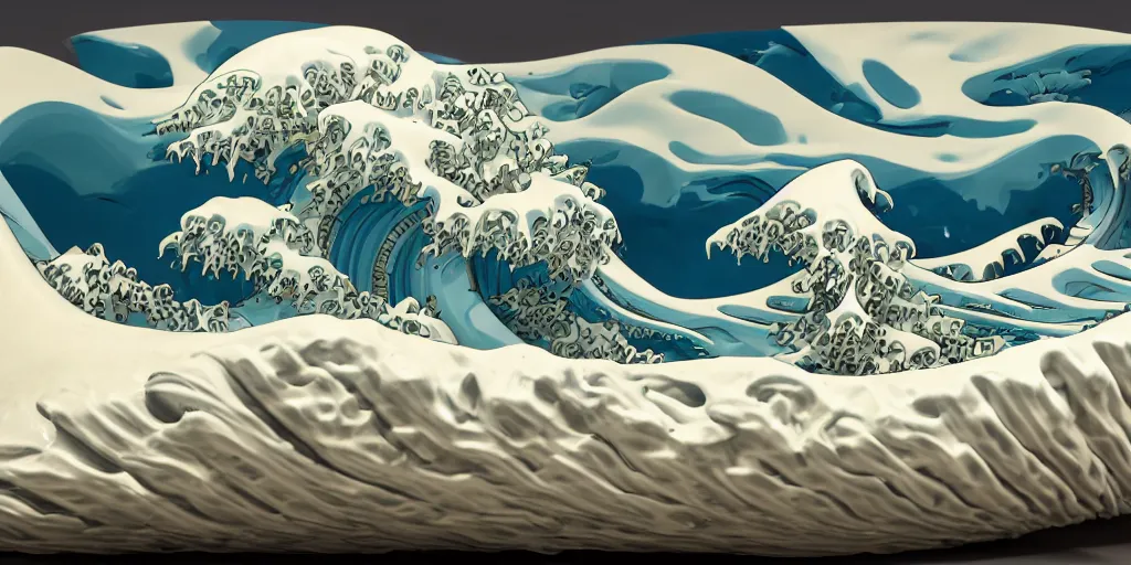 Image similar to An ice cream sculpture in the shape of the great wave off kanagawa, photorealistic, cinematic framing, 3d render, ultra wide angle, very detailed, 8k post-processing, volumetric lighting, light background, shot in 35mm, film grain, soft edges, unreal engine 5