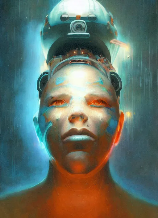 Image similar to portrait of bomba cybersisi, cinematic light, looking to the side off camera, backlight glow, teal orange, mist, by gerald brom, by mikhail vrubel, by alex andreev, by peter elson, muted colors, extreme detail, trending on artstation, 8 k