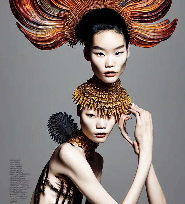 Image similar to photography american portrait of stunning model ming xi. great hair style, half in shadow, natural pose, natural lighing, rim lighting, wearing an ornate stunning sophisticated outfit made of of rigid and fluid well structured parts, created by iris van herpen, with a colorfull newbaroque makeup by benjamin puckey, highly detailed, skin grain detail, photography by paolo roversi