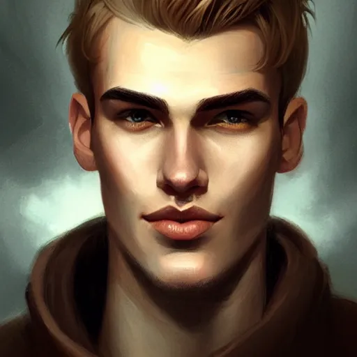 Prompt: tall big man in his twenties with brown blond short regular haircut and round facial structure with cleft chin, straight eyebrows, slightly smiling, cheekbones, wider face, shadow of beard, atmospheric lighting, painted, intricate, 4 k, highly detailed by charlie bowater