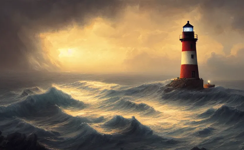 Prompt: painting of a lighthouse at sunset with a sailing ship in a storm, natural light, concept art, by greg rutkowski, cozy atmospheric and cinematic lighting