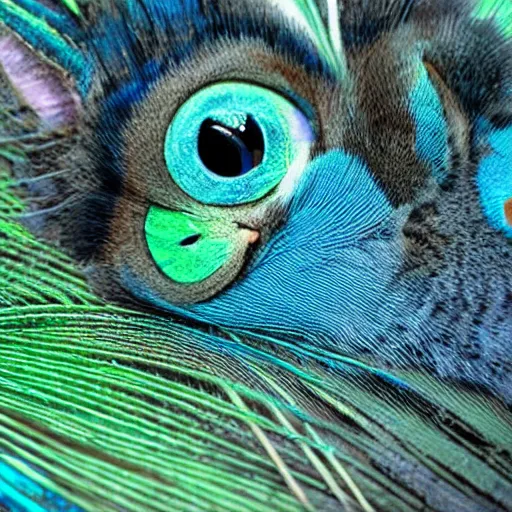 Prompt: A digital painting of a cute cat, but with a small peacock tail and some feathers on the back. Dark background, award winning, highly detailed, stunning, 8k