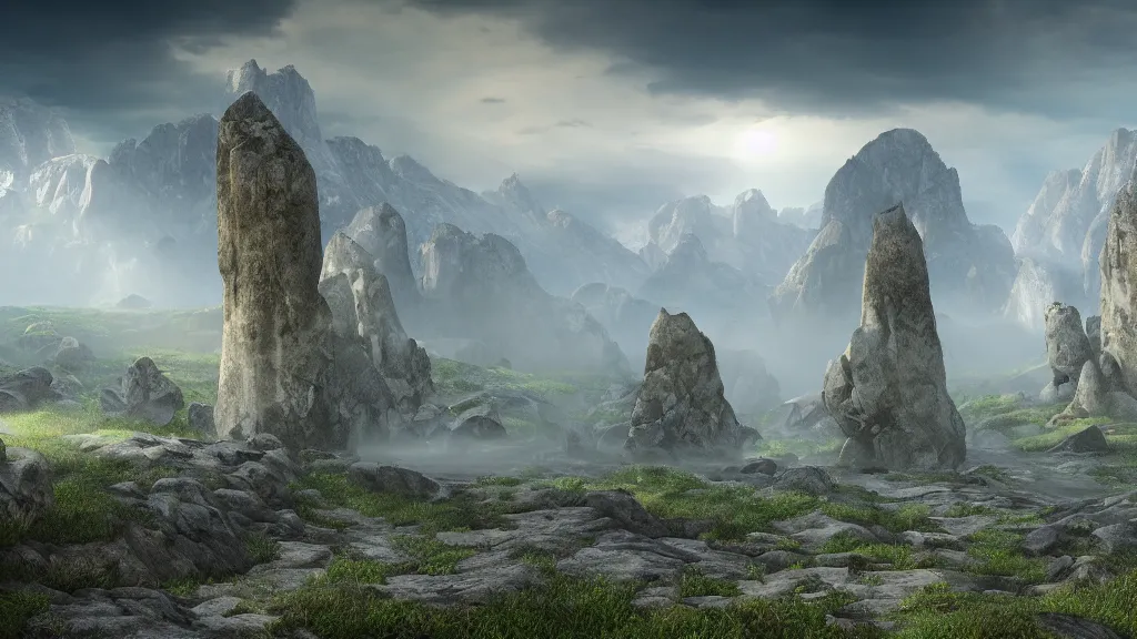 Image similar to epic landscape with large mountains and pillars of rock emerging from the ground, cinematic, light mist, volumetric lighting, hyperrealistic, detailed, 4 k hd