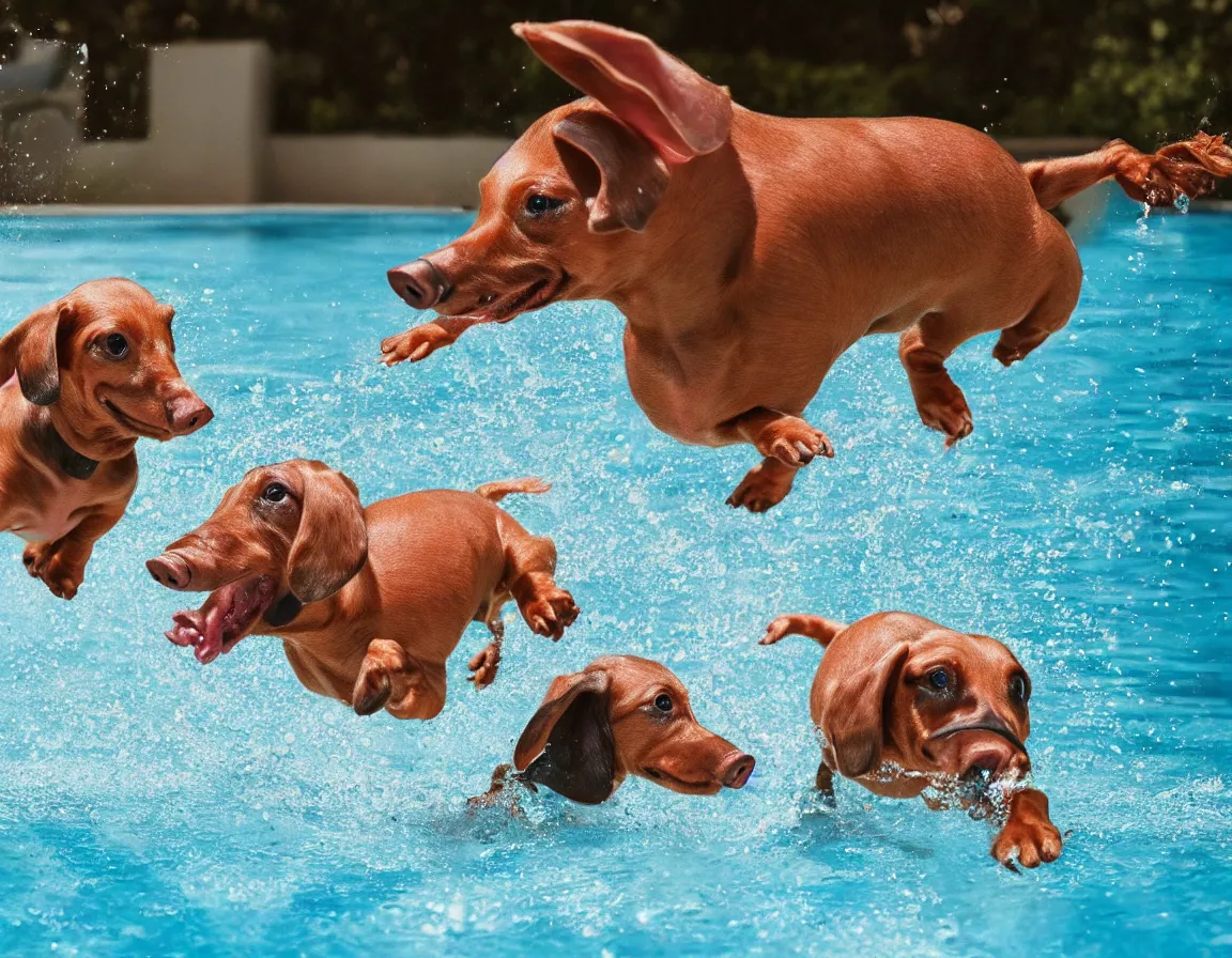 Image similar to dachshund and a pig playing in a pool, photography, hyper-realistic, 4k