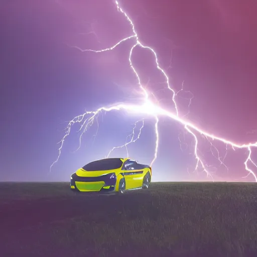 Image similar to futuristic flying car emerging from a circle of lightning in the sky, thunderstorm at night, 28mm dramatic photo