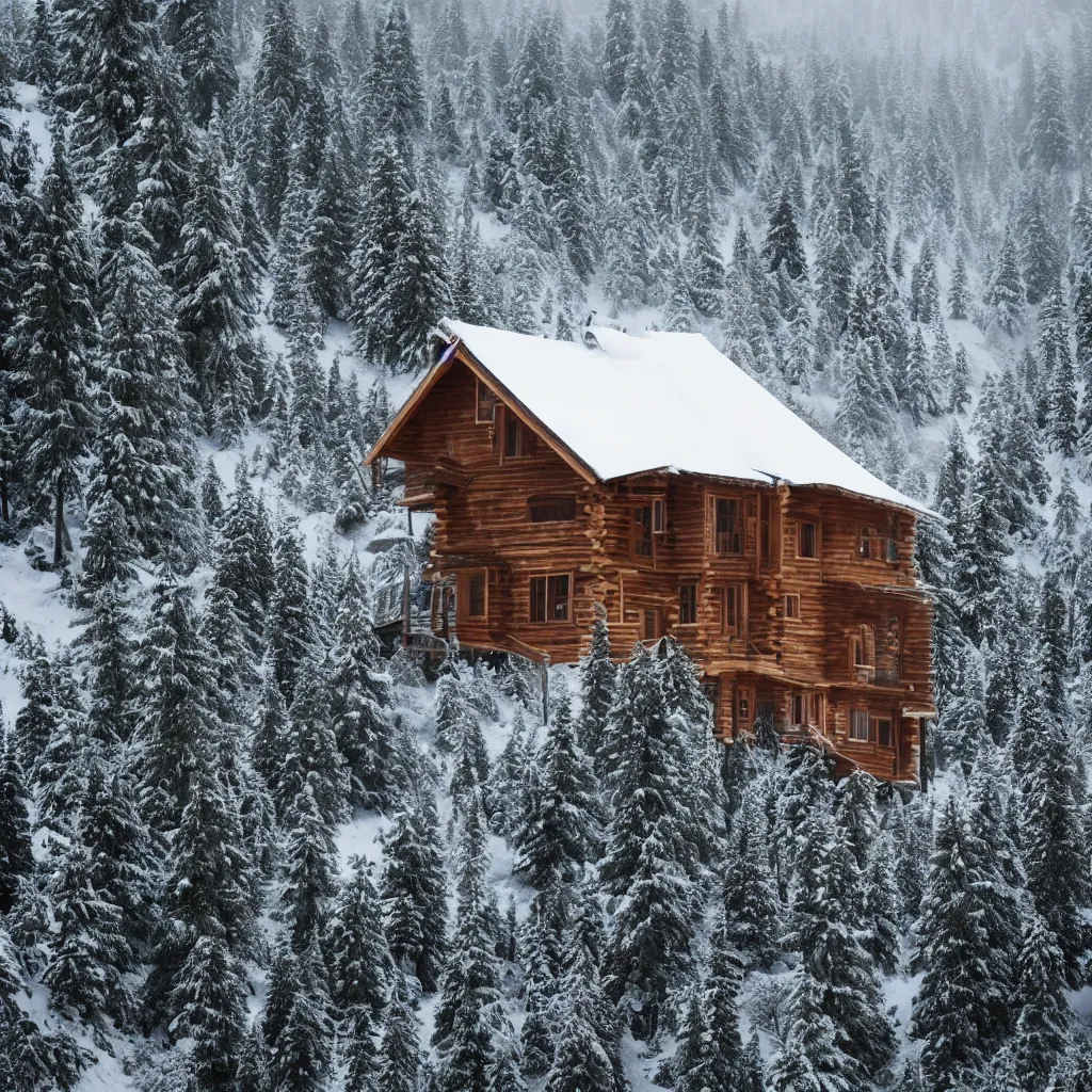 Prompt: wooden cabin in mountain covers by snow, foggy day, hyper realistic, Future design, architecture design, foggy, organic form, foggy, environment, Cinematography, mega scans, sloped site, cinematic, hyper realistic, photo real, cinematic composition, highly detailed, vray, 8k render