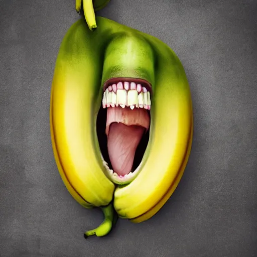 Image similar to a banana with a huge mouth and sharp teeth eating itself