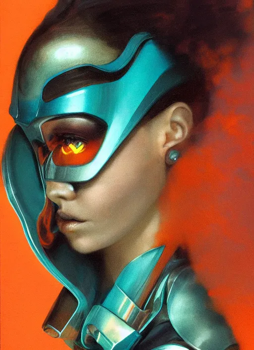 Image similar to ( ( symmetry ) ) closeup portrait of a stunning cyborg girl crying in tears, jumpsuit angular armor, strong cinematic light, teal orange, viscous volumetric smoke, mist, by gerald brom, by mikhail vrubel, by peter elson, muted colors, extreme detail, trending on artstation, 8 k