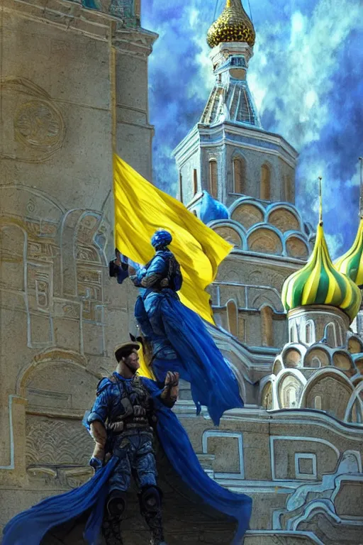 Image similar to special forces soldier raising ukrainian blue and yellow flag on st. basil cathedral, masculine figure, d & d, fantasy, bright atmosphere, volumetric lights, intricate, elegant, extremely detailed, digital painting, artstation, concept art, matte, smooth, sharp focus, hyper realistic, illustration, art by artgerm and greg rutkowski and alphonse mucha