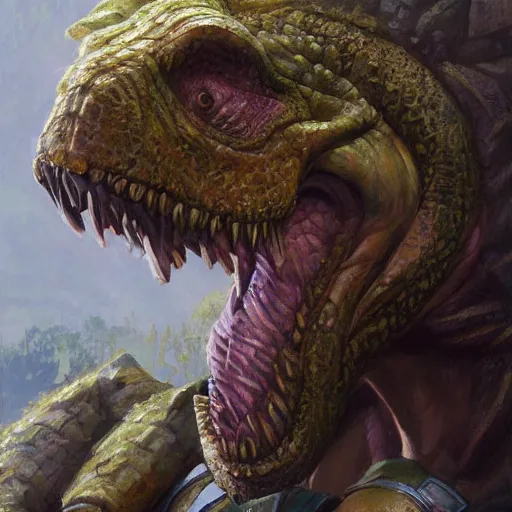 Image similar to barney the dinosaur as a realistic fantasy d & d knight, closeup portrait art by donato giancola and greg rutkowski, realistic face, digital art, trending on artstation