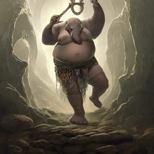 Image similar to fantasy portrait, portly elephant man, d & d loxodon, wearing loincloth, holding holy symbol, rpg game, main character, detailed, digital painting, artstation, sharp focus, illustration, tomasz alen kopera, peter mohrbacher, donato giancola, joseph christian leyendecker, wlop, frank frazetta