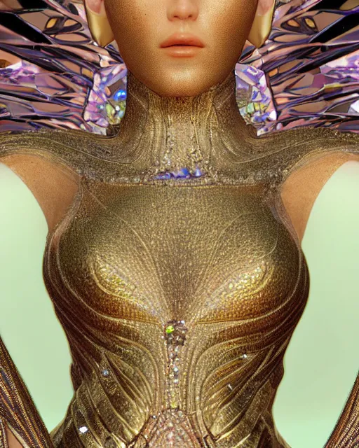 Image similar to a highly detailed metahuman 8 k close up render of bella hadid evangelion renaissance in iris van herpen dress schiaparelli in diamonds crystals swarovski and jewelry iridescent in style of alphonse mucha gustav klimt trending on artstation made in unreal engine 4