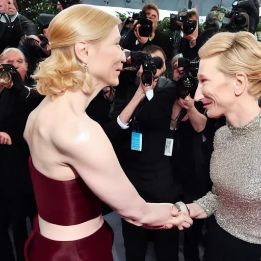 Image similar to cate blanchet shaking hand with cate blanchett 4k