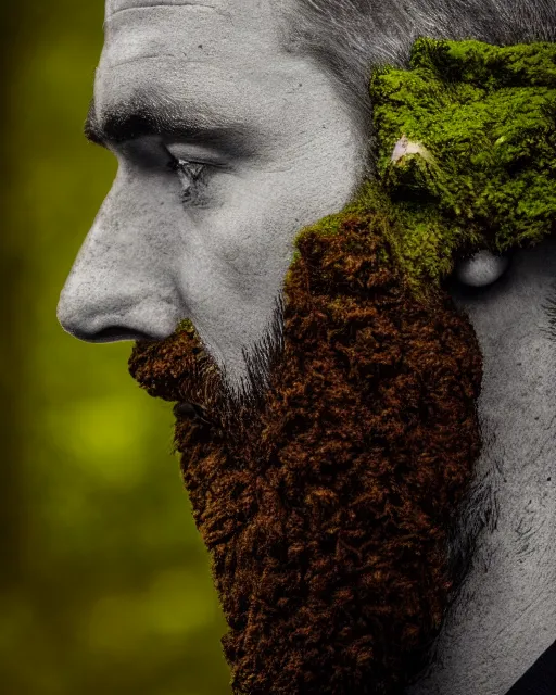 Image similar to a man's face in profile, long beard made of moss, in the style of the dutch masters and gregory crewdson, dark and moody