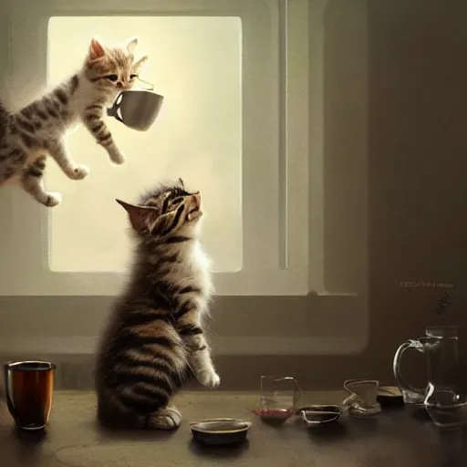 Image similar to Kitten drinking tea, dramatic scene, masterpiece digital painting by Greg Rutkowski, Alex Grey, artstation, 4k wallpaper