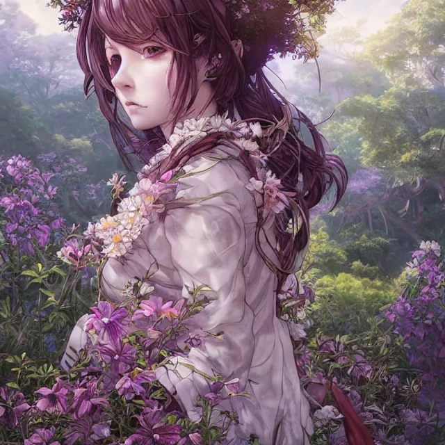 Image similar to the portrait of chaotic good female druid botanist as absurdly beautiful, gorgeous, elegant, young anime girl, an ultrafine hyperdetailed illustration by kim jung gi, irakli nadar, intricate linework, sharp focus, bright colors, octopath traveler, final fantasy, unreal engine 5 highly rendered, global illumination, radiant light, detailed and intricate environment