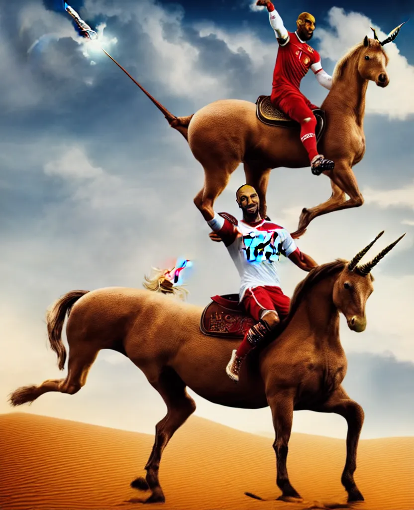 Prompt: thierry henry riding a unicorn in the desert, sharp, details, hyper - detailed, hd, 4 k, 8 k