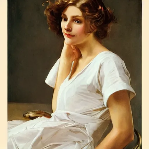 Image similar to epic portrait an nurse in a white dress and short sleeves, beautiful, shiny skin, wet flowing hair, made by j. c. leyendecker