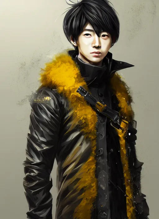 Image similar to a highly detailed illustration of young attractive japanese guy wearing black detective coat, yellow eyes, dramatic standing pose, hyperdetailed perfect face, perfect eyes, intricate, elegant, highly detailed, centered, digital painting, artstation, concept art, smooth, sharp focus, league of legends concept art, wlop.