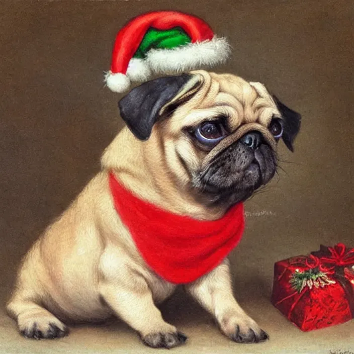 Prompt: cute pug puppy dog wearing a christmas hat by henriette ronner knip