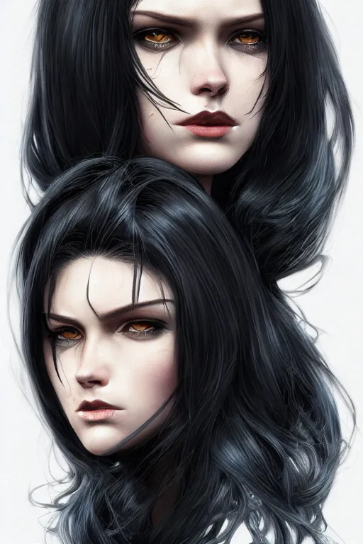 Image similar to grumpy long dark haired women, ice mage, medium shot, by travis charest, magali villeneuve and ilya kuvshinov, black coat, black makeup, hyperrealistic, hyperdetailed, fantasy artwork, fantastic artwork, 4 k, trending on artstation