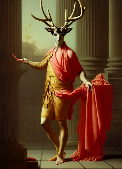 Prompt: neoclassical portrait of a prince wearing an elks head and royal clothes in his temple, by jacques - louis david, by greg rutkowski, by zdzisław beksinski, by josep tapiro baro, trending on artstation, featured on pixiv, masterpiece, oil on canvas, cinematic composition, dynamic beautiful lighting,