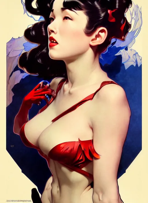 Image similar to intense fan art concept art by artgerm, tooth wu, bierstadt, gurney, stalenhag and alphonse mucha. an incredible collage of countless betty page pin up portraits, contour light effect!! 8 k, stage light. octane render. smooth. sharp edge. ultra clear detailed, full body various poses!!