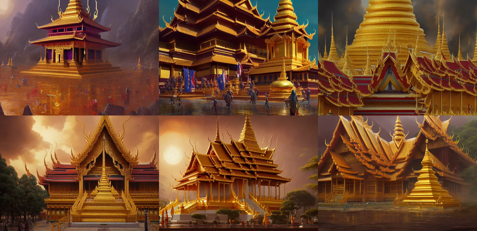 Prompt: an eldritch golden buddhist temple with Thai flag at the top, 4k, masterpiece, by Greg Rutkowski, Trending on Artstation