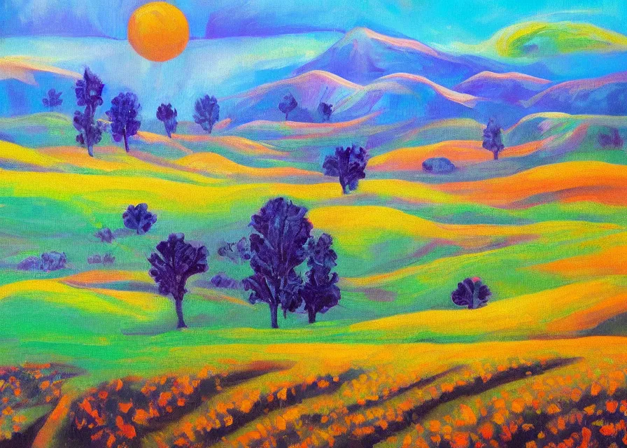 Image similar to beautiful cannabis fields on an alien landscape, colorful oil painting