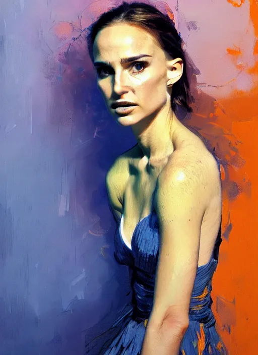 Prompt: portrait of a beautiful girl as natalie portman, sunset, intimate, eyes closed, faded shades of blue and orange and yellow, beautiful face, rule of thirds, intricate outfit, spotlight, by greg rutkowski, by jeremy mann, by francoise nielly, by van gogh, digital painting