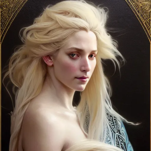 Prompt: portrait painting of a beautiful blonde woman with a kind face wearing a feathered cloak and a fancy silk white dress, ultra realistic, concept art, intricate details, eerie, highly detailed, photorealistic, octane render, 8 k, unreal engine. art by artgerm and greg rutkowski and charlie bowater and magali villeneuve and alphonse mucha