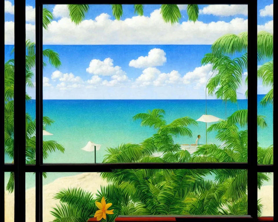 Prompt: view from a modern office window looking out at a tropical beach by raphael, hopper, and rene magritte. detailed, proportional, romantic, vibrant, enchanting, achingly beautiful, graphic print, trending on artstation, jungle, tropical, foliage, white flowers