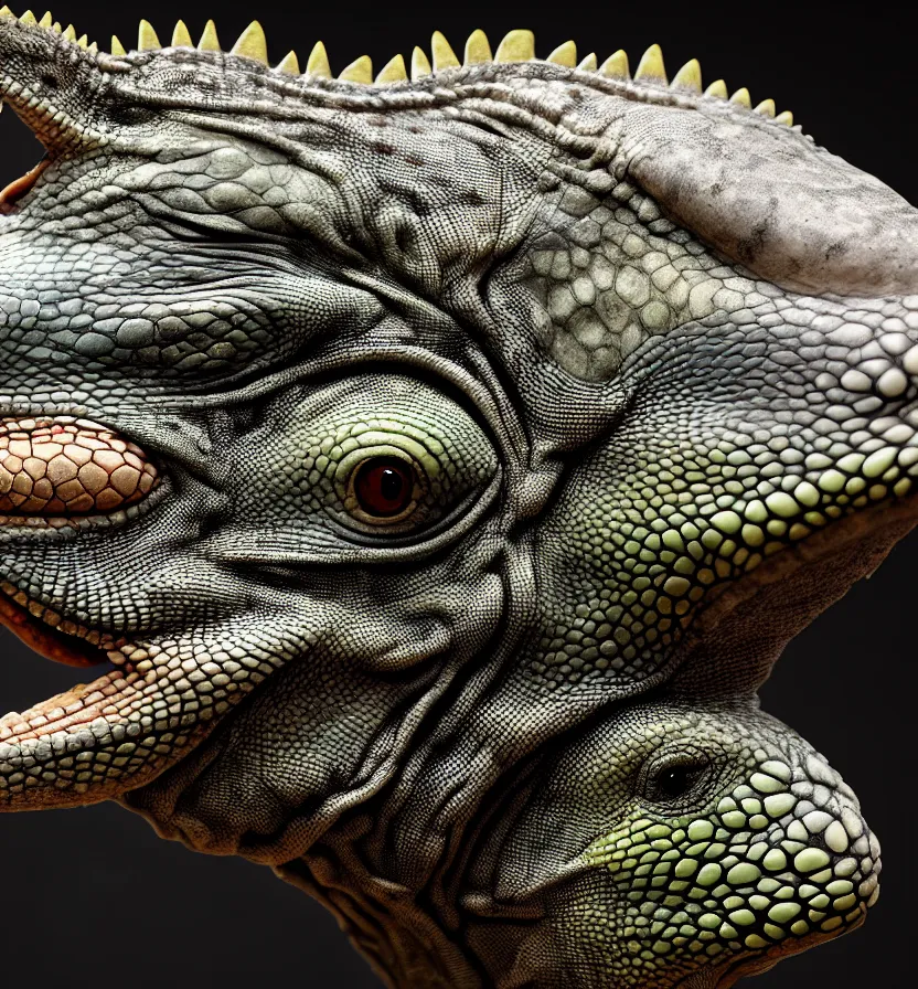 Image similar to iguana head the head has a symmetrical horn and tumor, and there is a rhino horn at the front of the beak, rich detail realistic photoreal photorealistic octane render 8 k