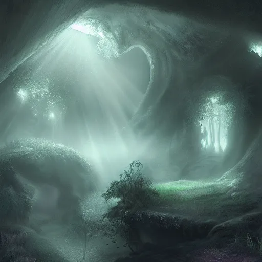 Prompt: (((glowing))) treasure chest in ethereal lush cave with mystical ambiance and fog, desaturated, realistic, sharp focus, highly detailed, by artgerm