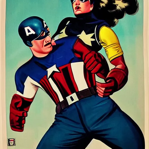 Image similar to female captain america putting hitler in a headlock. wwii american propaganda poster by james gurney